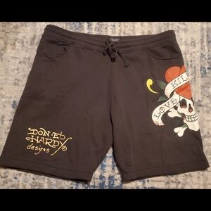 Ed Hardy Men's "Love Kills Slowly" Brown Shorts with Skull Graphic